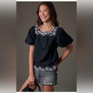 Anthropologie Short Sleeve Embroidered Linen Tunic Top XL NWT